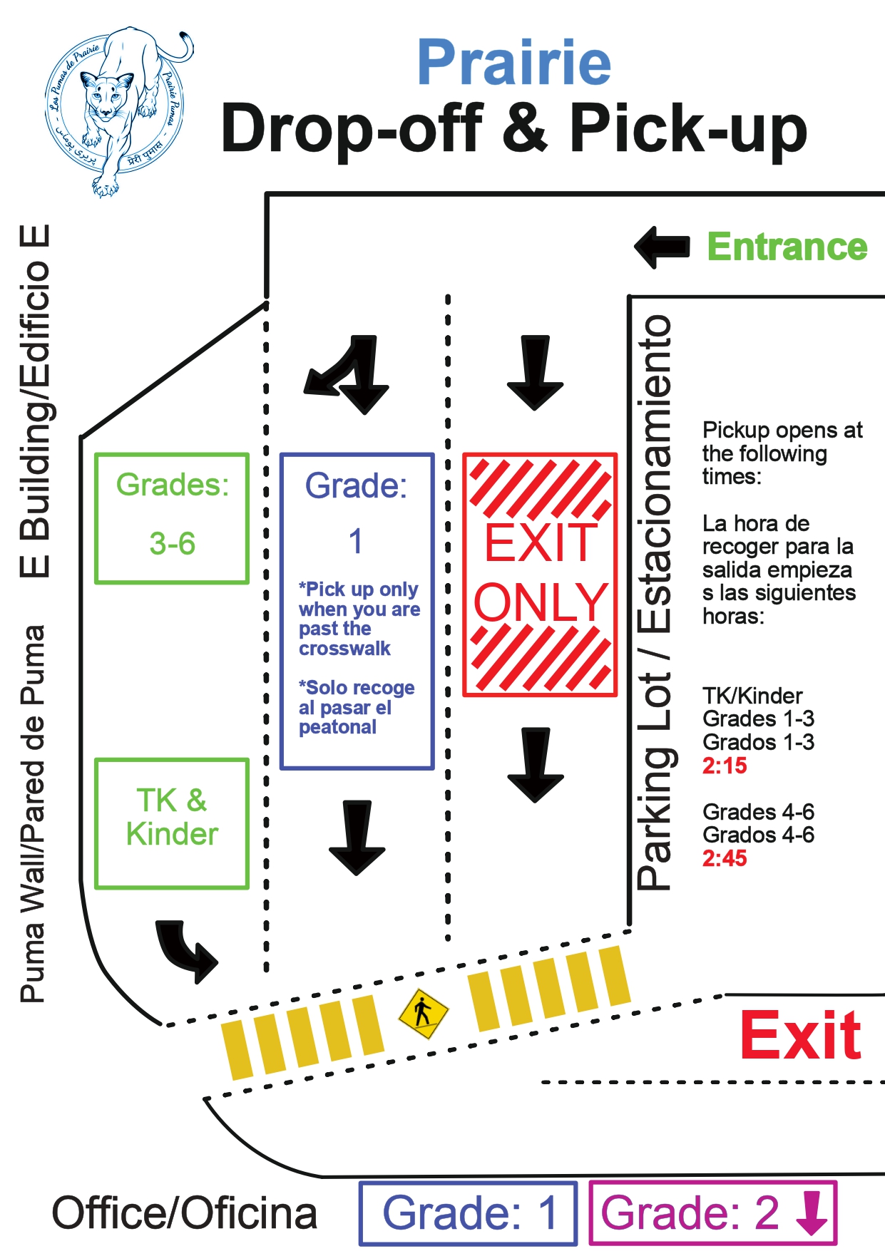 This is a parking lot map indicating where to pick up students by grade level.